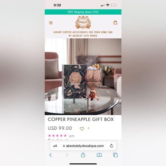 Absolut Elyx Copper Pineapple Drinking Vessel Cup in Gift Box - SOLD OUT ONLINE! - Picture 10 of 15